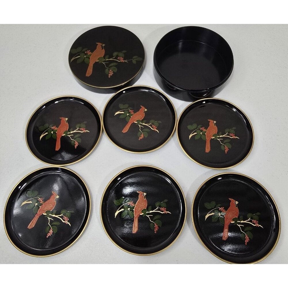 Otagiri Japan Vintage Coasters Set of 6 with Case Cardinal Holly Tree Limbs
